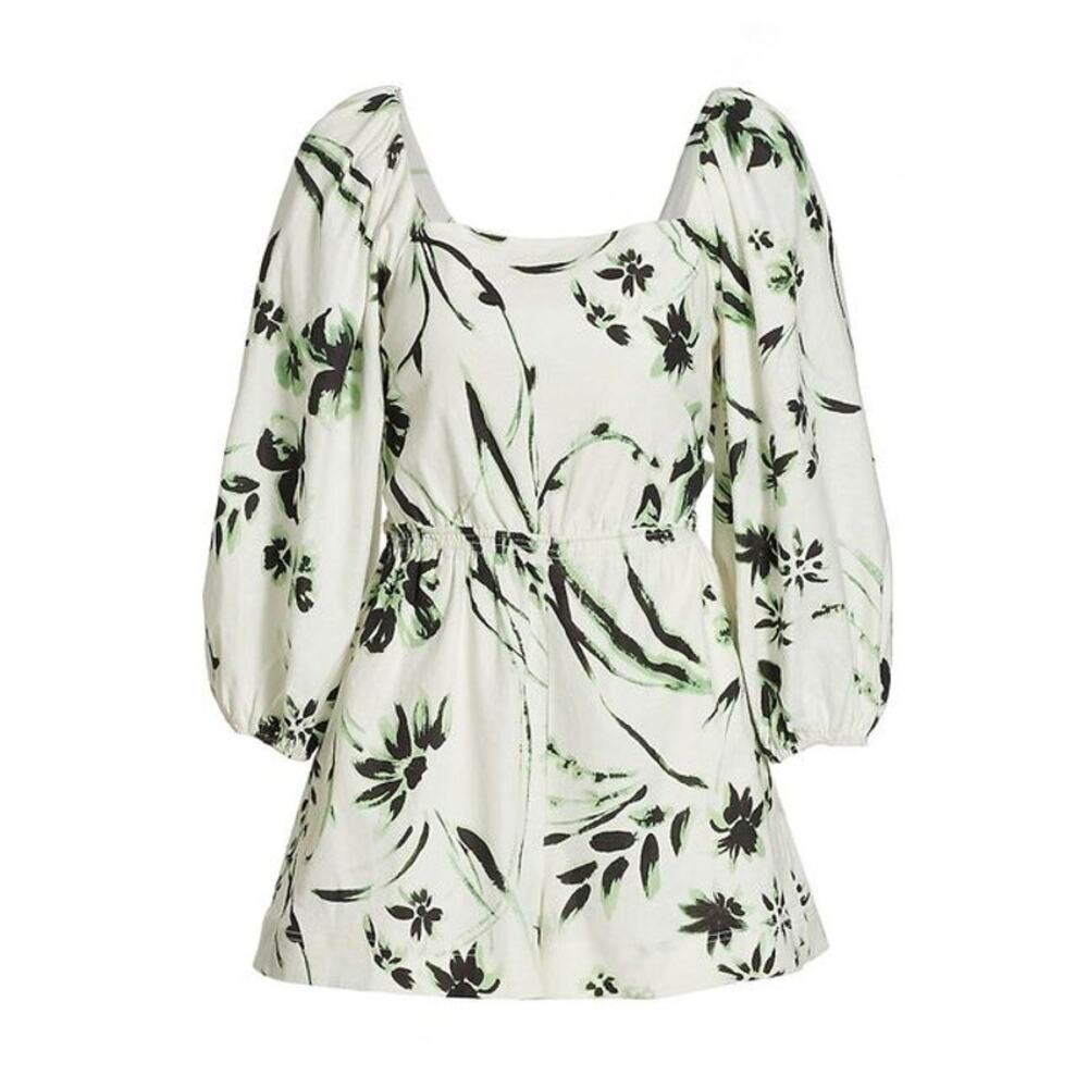 NWT Tanya Taylor Stevie Romper Size Small Floral Linen Square Neck Puff Sleeve